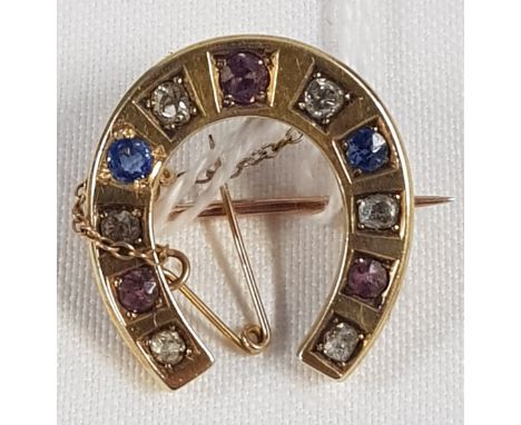 ANTIQUE 15CT GOLD DIAMOND, SAPPHIRE &amp; RUBY HORSESHOE BROOCH