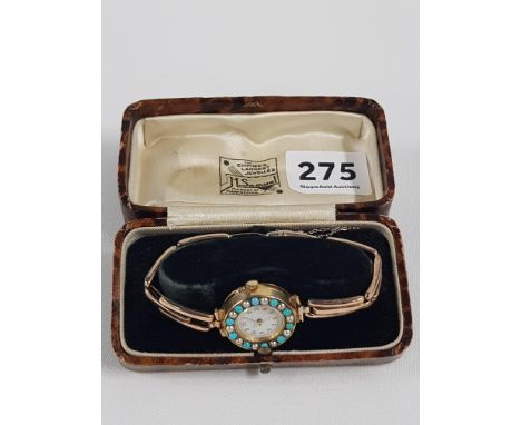 15CT GOLD ANTIQUE LADIES WATCH ON 9CT STRAP WITH QUARTZ MOVEMENT