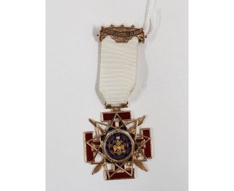 14K GOLD MASONIC JEWEL -THE BASIS OF THE JEWEL IS A TEUTONIC CROSS.  ON THAT IS A NINE-POINTED STAR, COMPOSED OF THREE GOLD T
