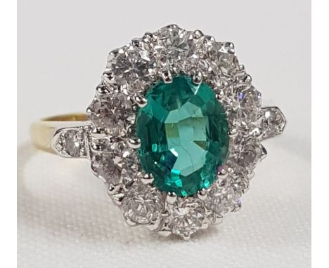 18CT GOLD EMERALD (1.60CT) &amp; DIAMOND (1.35CT) CLUSTER RING 