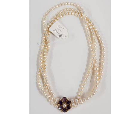 SET OF 3 STRAND GRADUATED CULTURED PEARLS WITH 9 CARAT GOLD CLASP SET WITH AMETHYST &amp; PEARLS