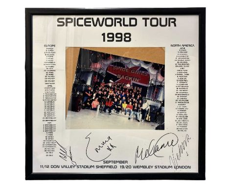A framed photograph presentation for The Spice Girls 1998 SPICEWORLD tour, bearing the signatures of Mel C, Mel B, Victoria B