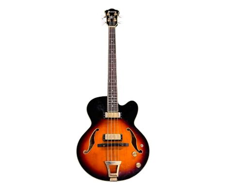 An Ibanez Artcore vintage-style 4-string bass guitar in sunburst with humbucker pickups, AFB200-BS-12-02, Serial number 50912