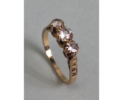 Antique Yellow Gold ( hall mark worn) 3 stone diamond ring, pattern to shoulders approximately 1.9g 