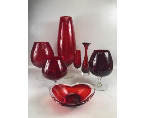 Vintage Ruby glass, to include tall goblet vases art glass dish, Swedish tulip vase, 7 items  largest vase approximately 50cm