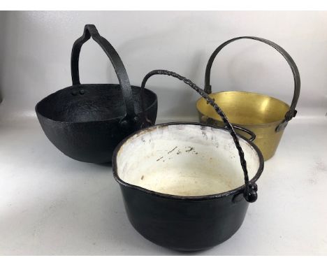 Vintage metal large cooking pots, three in total, one large hammered metal, one enamel, one brass 