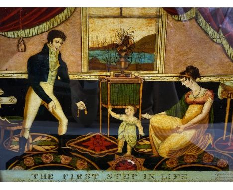 Antique Early 19th century reverse print on glass, THE FIRST STEP IN LIFE , P Dawes March 1st  1810, framed , approximately 4