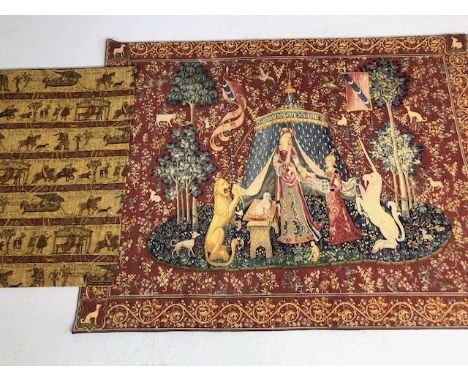 Tapestry style wall hangings, one of the famous Lady and the Unicorn, approx 187cm x 145cm, and the other based on the Bayeux