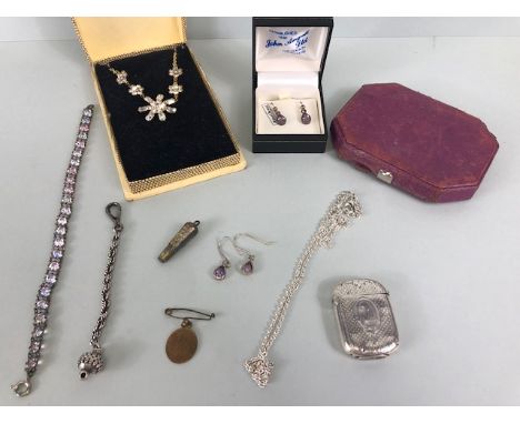 Miscellaneous jewellery to include a Victorian silver vesta case, 925 earrings set with Amethyst, dog whistle, Kid Skin compa