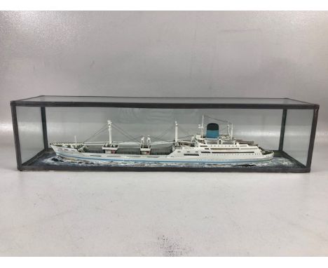 Ships model of the Blue funnel CENTAUR passenger cargo ship, contained in a leaded glass display case, approximately 56cm ove
