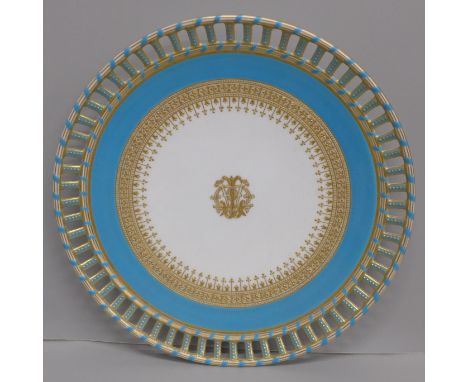 A Royal Worcester porcelain cabinet plate, pierced edge, with monogram to the centre, circa 1880-90