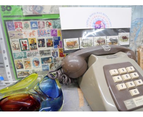 Assorted items including a Murano three coloured glass ashtray, cigar cases, playing cards, push button vintage telephone, an