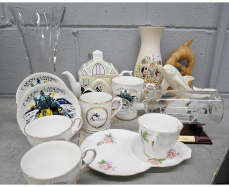 A collection of china and glass including Paragon Moon Landing cups, saucers and mug and a Royal Albert Evesham cup and sauce