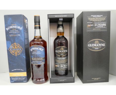 Two bottles; Glengoyne Highland Single Malt Scotch Whisky, Glen of The Wild Geese, boxed, and Bowmore Islay Single Malt Whisk