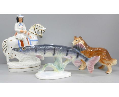 A Melba Collie dog, Jema pike, tail a/f and a Staffordshire flatback