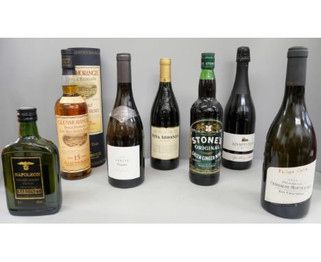 A bottle of Glenmorangie Single Highland Rare Malt Scotch Whisky, Aged 15 years and six other bottles of wine and spirits **P
