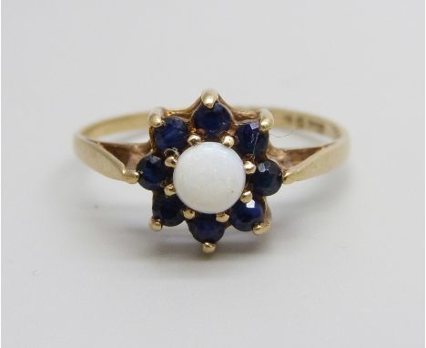 A 9ct gold, sapphire and opal ring, 1.6g, P