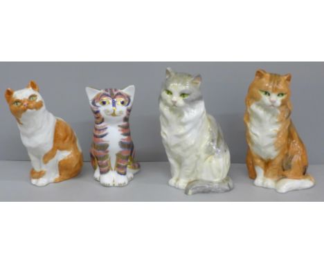 Three Royal Worcester cats, two long haired cats, 3615, one chipped and one short haired cat, 3616, and a Royal Crown Derby c