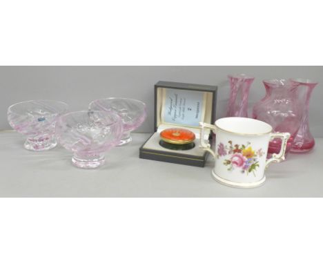 Six items of Caithness glass, a Wedgwood Copper Enamels Christmas 1987 trinket box, with box, and a Derby Posies loving cup