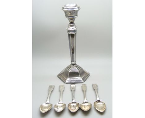 Five Georgian silver teaspoons, 83g, and a silver candlestick