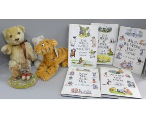 Winnie the Pooh collection, five books, an Arden Sculpture figure, a Gund soft toy Tigger and two other teddy bears