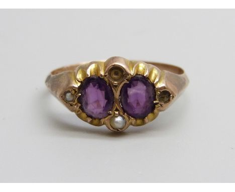 A 9ct gold, amethyst and seed pearl ring, 1.2g, L, lacking two pearls