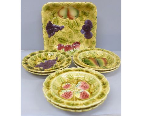 A Sarreguemines France set of six fruit bowls and a larger bowl 