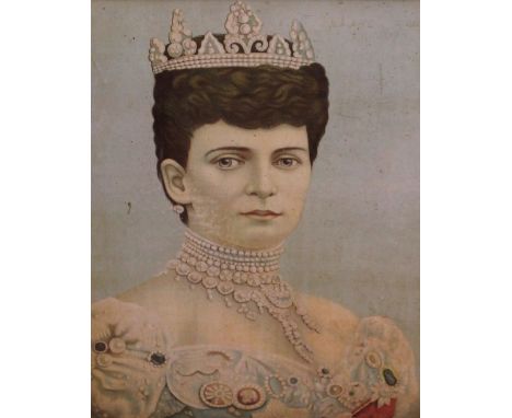 A mixed commemorative lot: Victoria and her family at Windsor Castle, two portraits, a family portrait and a flag with King G
