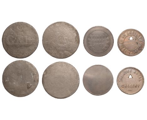 LONDON, Covent Garden, Theatre Royal, First Theatre, uniface copper, first gally. 1762, 36mm, 11.75g (W 109); Drury Lane, The
