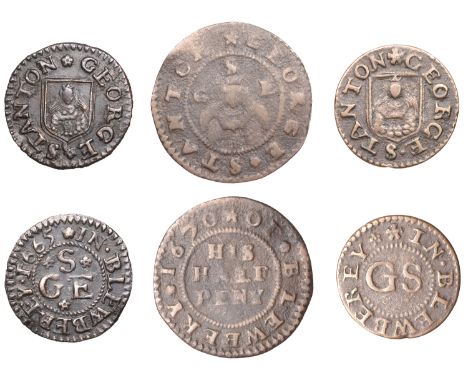 Blewbury, George Stanton, Farthings (2), undated, 0.96g/12h (N 72; BW. 15), 1665, 0.89g/9h (N 73; BW. 14), Halfpenny, 1670, 0