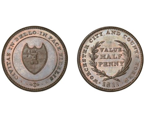19th Century Tokens, WORCESTERSHIRE, Worcester, House of Industry, Specimen Halfpenny, 1811, City arms, rev. value in wreath,