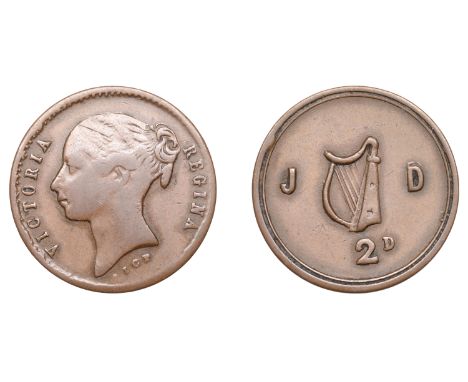 Miscellaneous Tokens and Checks, Co DUBLIN, Dublin, J.D., copper Twopence by Parkes [1861-72], narrow harp, 23mm (Rice 100; T