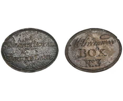 LONDON, Drury Lane, Theatre Royal, stained oval bone, theatre royal drury lane in two lines, rev. named (Mr Greenwood, Box No