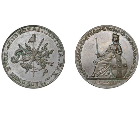 YORKSHIRE, York, James Carlill, Halfpenny, 1796, female seated left, supporting arms of York, eboracum in exergue, rev. symbo