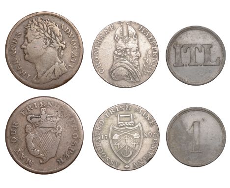 19th Century Tokens, Not Local: Irish, Ireland’s Advocate, Penny, 18.58g/4h (W 1910); other Irish tokens (2, one plated) [3].