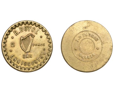 Miscellaneous Tokens and Checks, Co WEXFORD, Enniscorthy, R[obert] Boyce, brass Twopence by Parkes [1865-72], 28mm (Rice 37; 