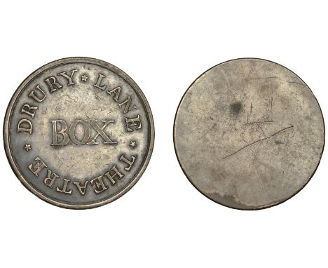 LONDON, Drury Lane, Theatre Royal, Third and Fourth Theatres, uniface plated brass, drury lane theatre around box, 39mm, 11.7