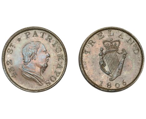 19th Century Tokens, Not Local: Irish, Halfpenny, 1806, male bust right with short hair, rev. crowned harp, edge centre-grain