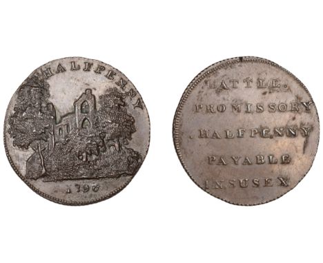 SUSSEX, Battle, Skidmore’s Halfpenny, 1796, ruins of Battle Abbey, rev. battle promissory halfpenny payable in susex, edge gr