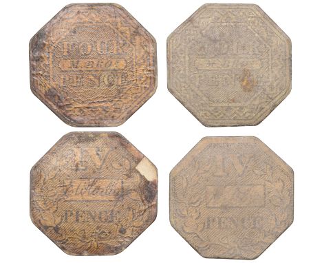 Miscellaneous Tokens and Checks, Co WATERFORD, Portlaw, Mayfield Factory, Malcolmson Bros, octagonal card Fourpences (2), sig