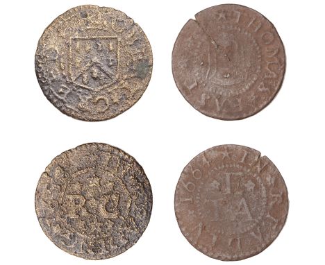 Reading, Robert Creed, Farthing, 1658, 0.54g/12h (N 146; D 80A); Thomas East, Farthing, 1664, 0.88g/12h (N 147; D 80B) [2]. F