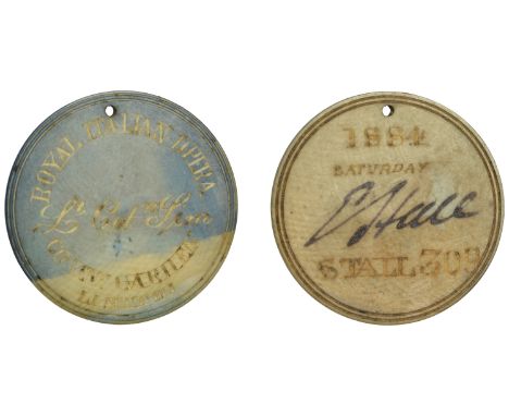 LONDON, Covent Garden, Royal Italian Opera, 1884, stained blue bone, legend around, covent garden limited, named (Lt. Col. Si