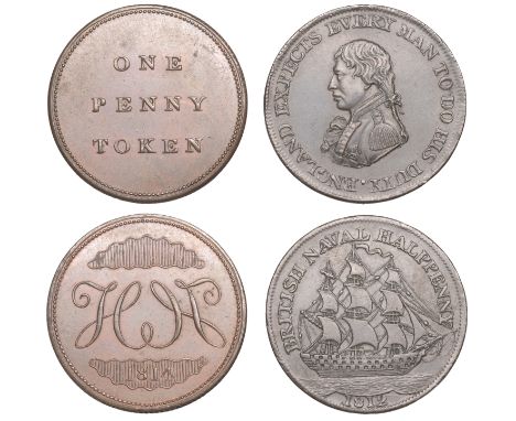 19th Century Tokens, Not Local: British, Nelson types, Halfpenny, 1812, 10.10g/6h (W 1590); H.H., Penny, 1814, 9.46g/6h (W 17