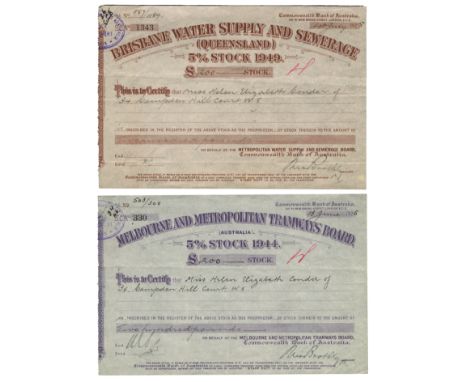 Miscellaneous Tokens and Checks, Share certificates: AUSTRALIA, Melbourne and Metropolitan Tramways Board, 5% Stock, £200 sha
