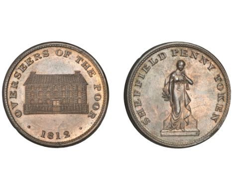 19th Century Tokens, YORKSHIRE, Sheffield, Overseers, Penny, 1812, frontal elevation of the Workhouse, rev. Justice standing 