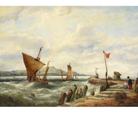 John James Wilson (1818-1875) Scottish Fisher folk on a jetty in blustery weather Signed, oil on canvas, 40.5cm by 55.5cm  Pr