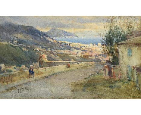 Arthur Reginald Smith ARA, RSW, RWS (1871-1934) Figures approaching a Continental coastal town Signed, watercolour with scrat