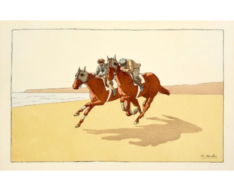 Charles Ancelin (1863-1940) FrenchRace horses exercising on the beachLithograph, together with five further lithographs of ho