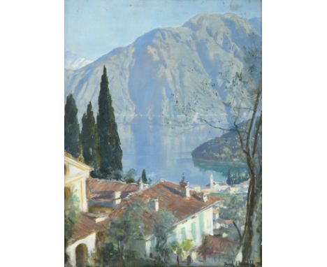 Frederick William Elwell RA (1870-1958) Vista of an Italian Lake from a hillside  Signed and dated 1923, oil on board, 39.5cm