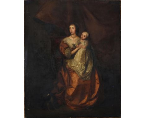 After Sir Anthony Van Dyck (1599-1641) Portrait of Queen Henrietta Maria and child, full length, seated, wearing a brown silk